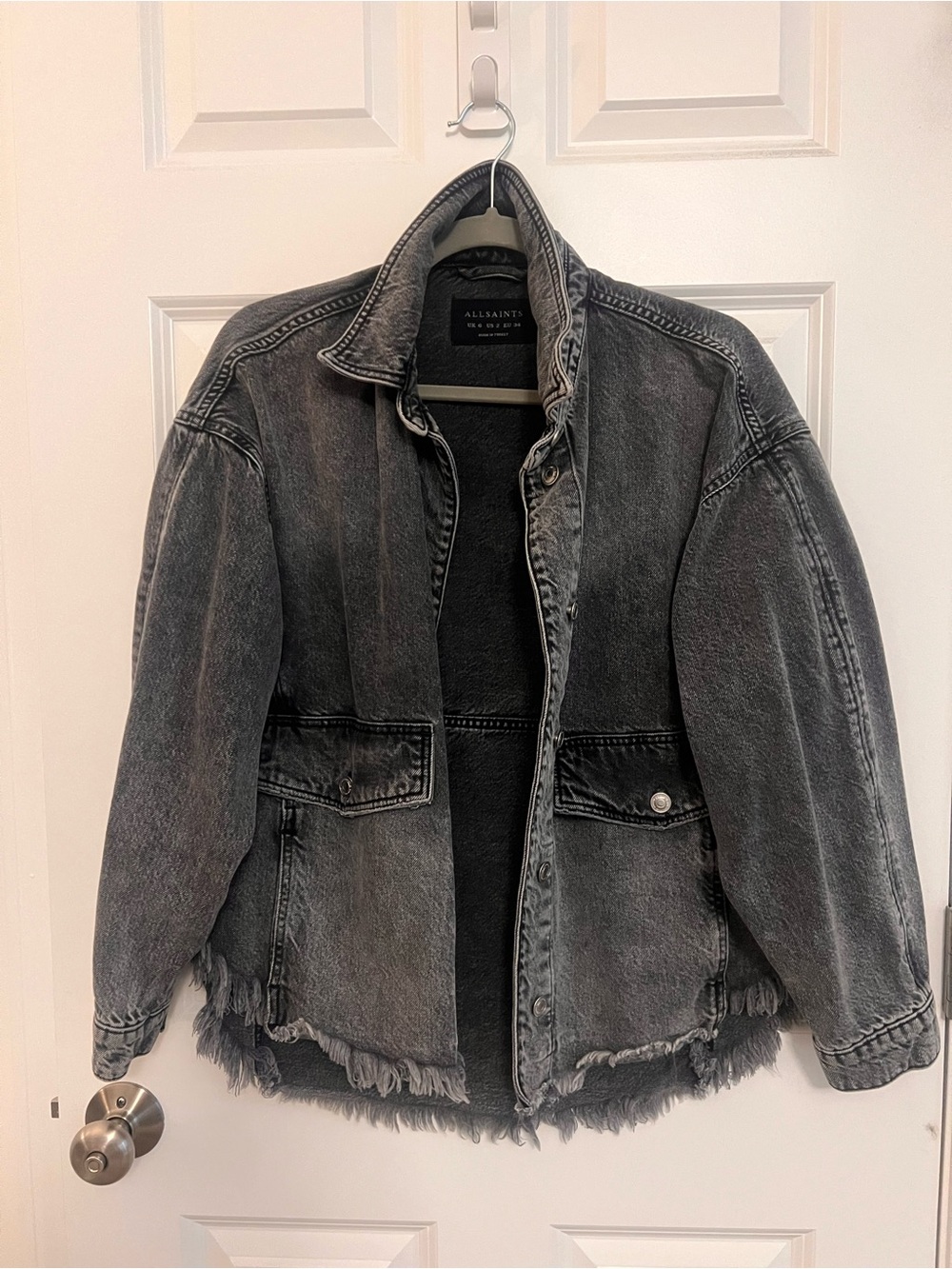 All Saints Women's Black Washed Denim Jacket with Frayed Hem